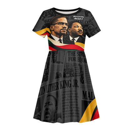 MLK And Malcolm X Civil Rights Kid Short Sleeve Dress Martin Luther King Jr - Pan African Flag - Vintage Newspaper