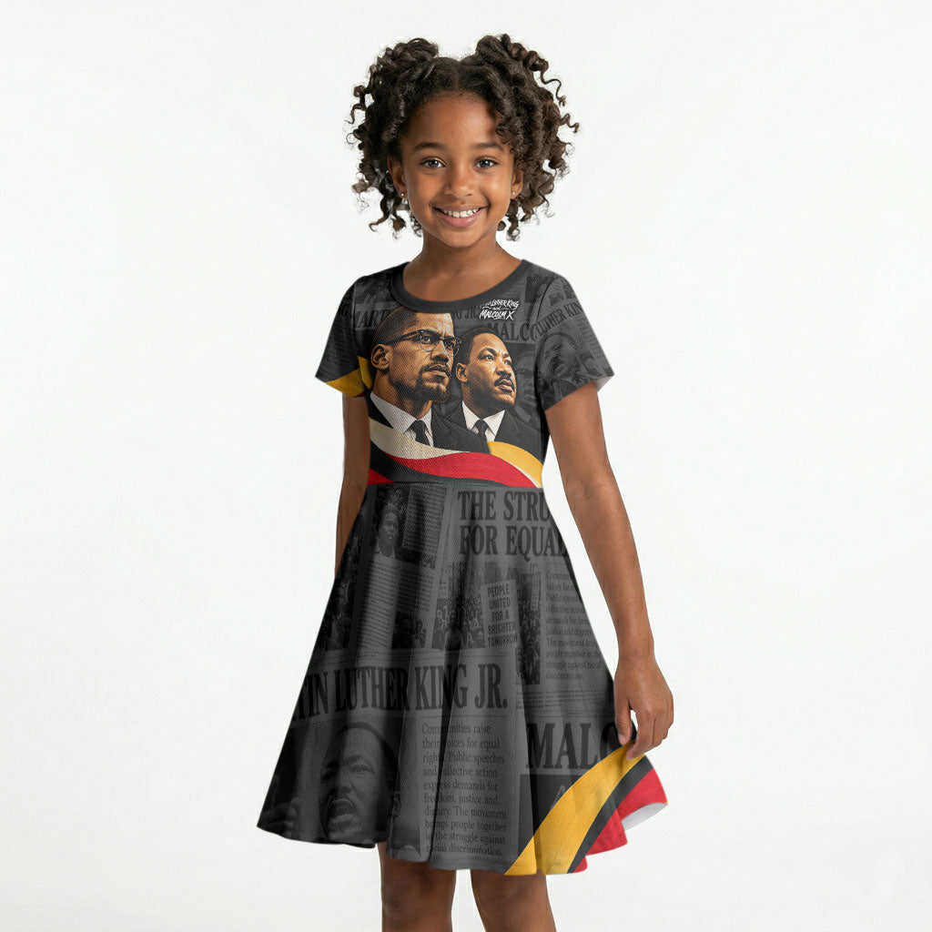 MLK And Malcolm X Civil Rights Kid Short Sleeve Dress Martin Luther King Jr - Pan African Flag - Vintage Newspaper