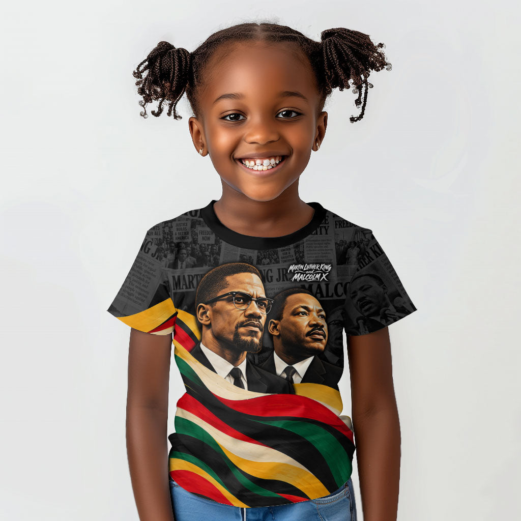 MLK And Malcolm X Civil Rights Kid T shirt Martin Luther King Jr - Pan African Flag - Vintage Newspaper