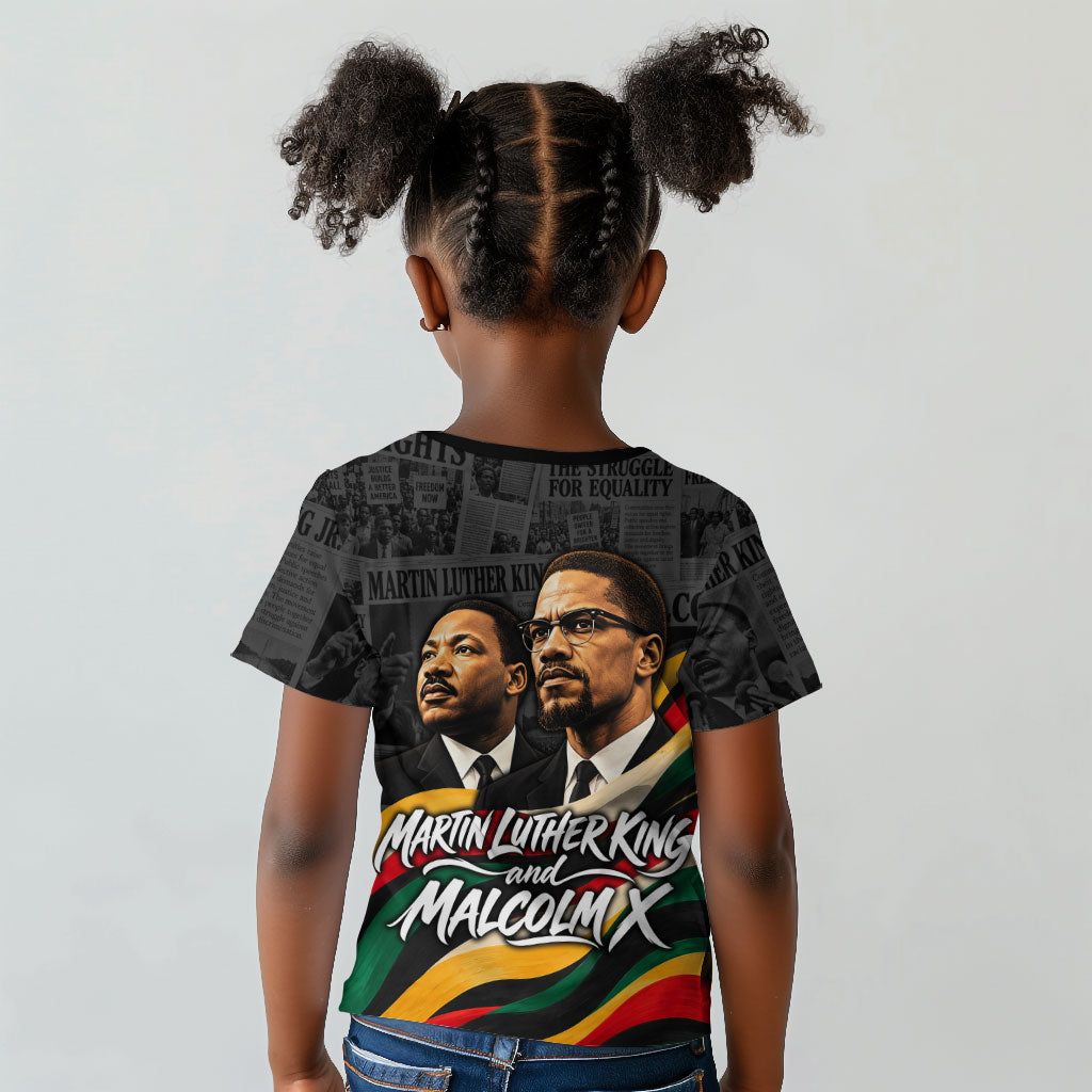 MLK And Malcolm X Civil Rights Kid T shirt Martin Luther King Jr - Pan African Flag - Vintage Newspaper