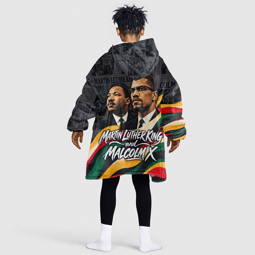 MLK And Malcolm X Civil Rights Kid Wearable Blanket Hoodie Martin Luther King Jr - Pan African Flag - Vintage Newspaper