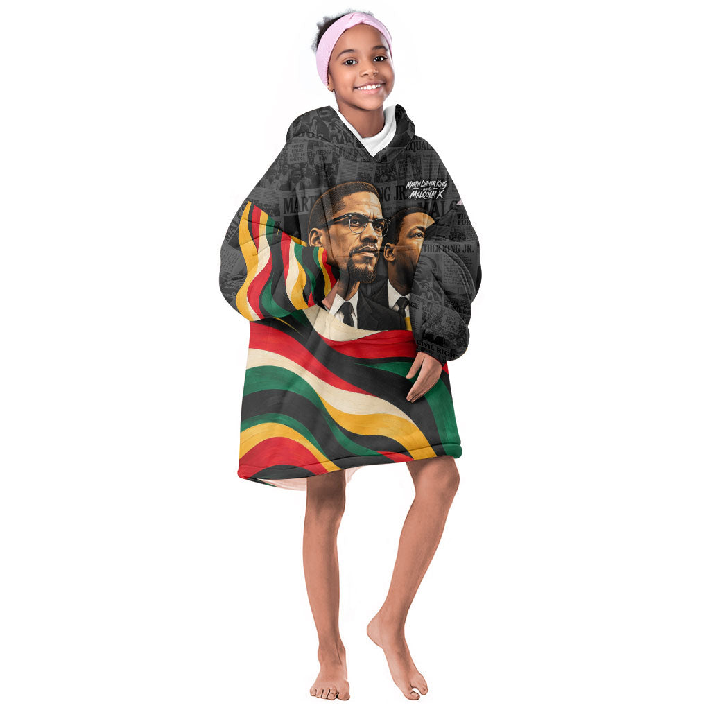 MLK And Malcolm X Civil Rights Kid Wearable Blanket Hoodie Martin Luther King Jr - Pan African Flag - Vintage Newspaper