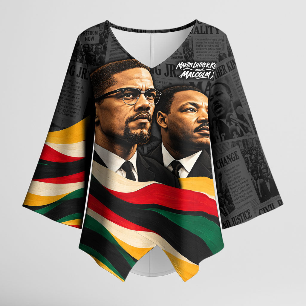 MLK And Malcolm X Civil Rights Kimono Sleeve Blouse Martin Luther King Jr - Pan African Flag - Vintage Newspaper