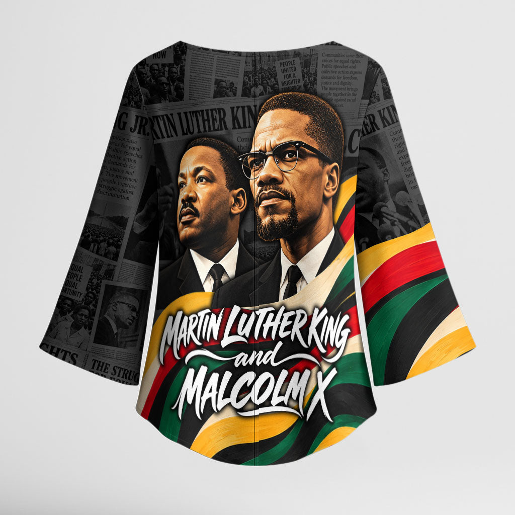 MLK And Malcolm X Civil Rights Kimono Sleeve Blouse Martin Luther King Jr - Pan African Flag - Vintage Newspaper
