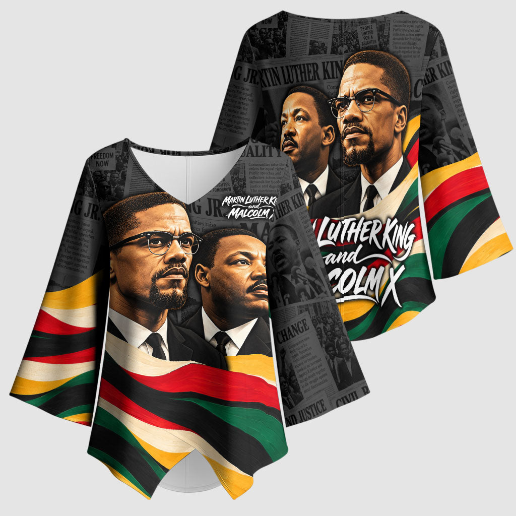 MLK And Malcolm X Civil Rights Kimono Sleeve Blouse Martin Luther King Jr - Pan African Flag - Vintage Newspaper
