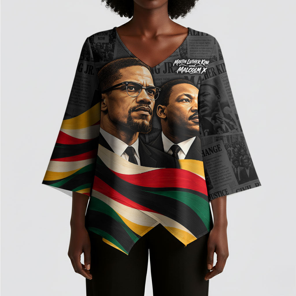 MLK And Malcolm X Civil Rights Kimono Sleeve Blouse Martin Luther King Jr - Pan African Flag - Vintage Newspaper