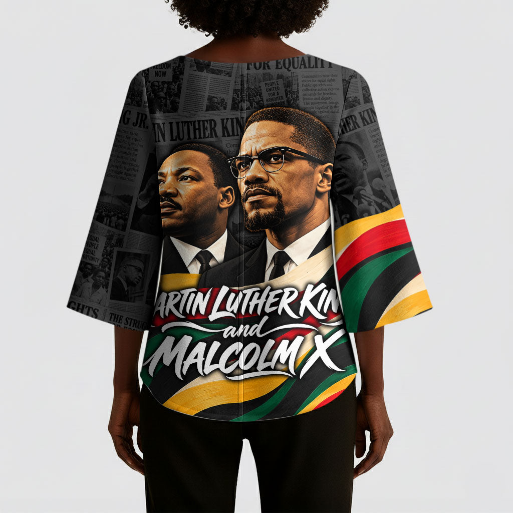 MLK And Malcolm X Civil Rights Kimono Sleeve Blouse Martin Luther King Jr - Pan African Flag - Vintage Newspaper