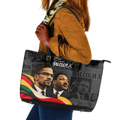 MLK And Malcolm X Civil Rights Leather Tote Bag Martin Luther King Jr - Pan African Flag - Vintage Newspaper