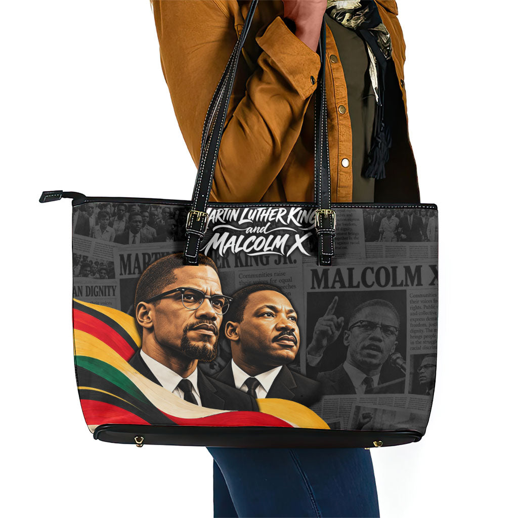 MLK And Malcolm X Civil Rights Leather Tote Bag Martin Luther King Jr - Pan African Flag - Vintage Newspaper