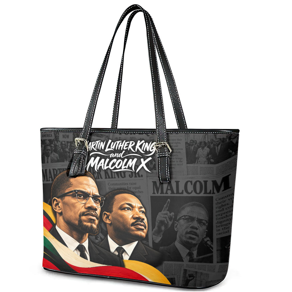 MLK And Malcolm X Civil Rights Leather Tote Bag Martin Luther King Jr - Pan African Flag - Vintage Newspaper