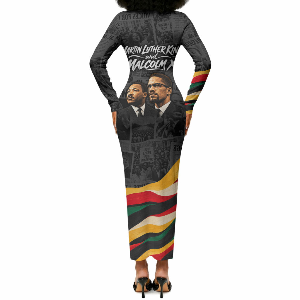 MLK And Malcolm X Civil Rights Long Sleeve Bodycon Dress Martin Luther King Jr - Pan African Flag - Vintage Newspaper