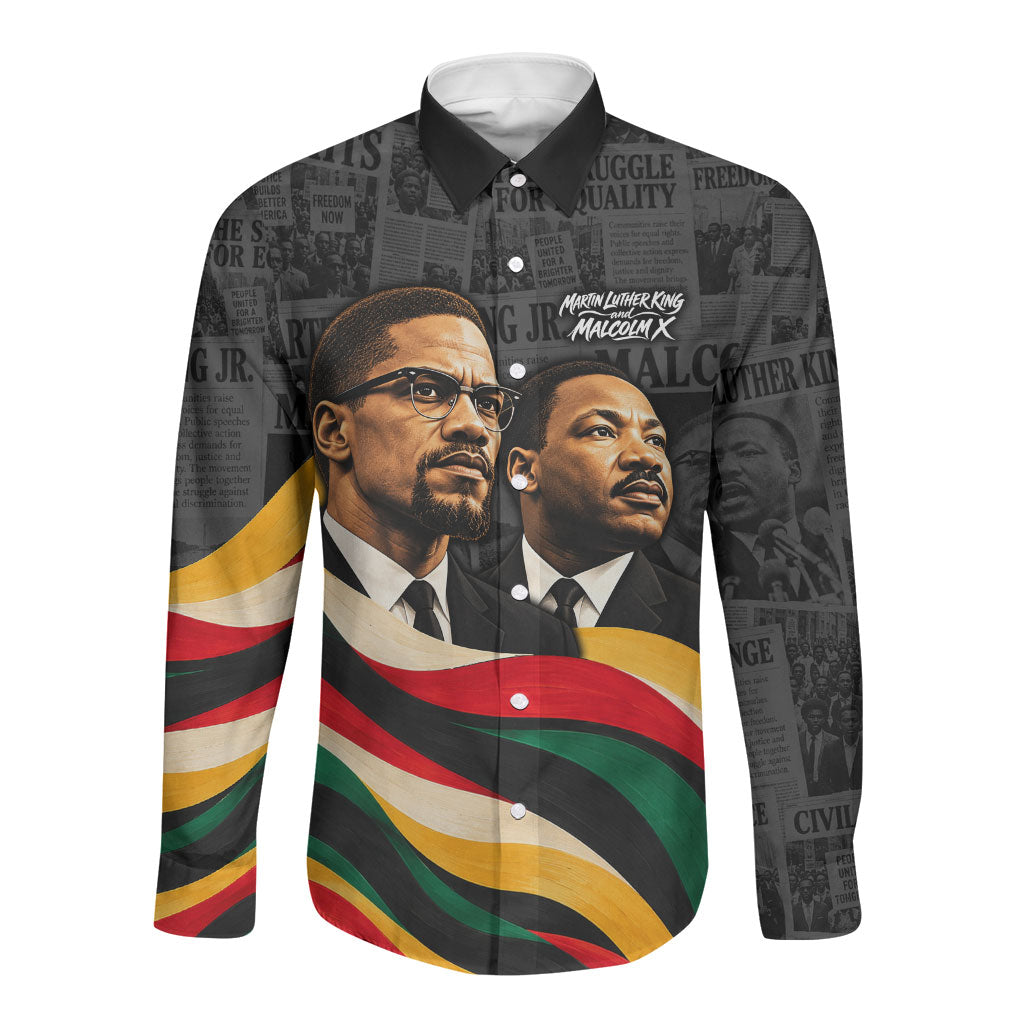 MLK And Malcolm X Civil Rights Long Sleeve Button Shirt Martin Luther King Jr - Pan African Flag - Vintage Newspaper