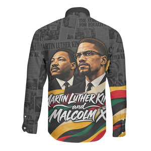 MLK And Malcolm X Civil Rights Long Sleeve Button Shirt Martin Luther King Jr - Pan African Flag - Vintage Newspaper