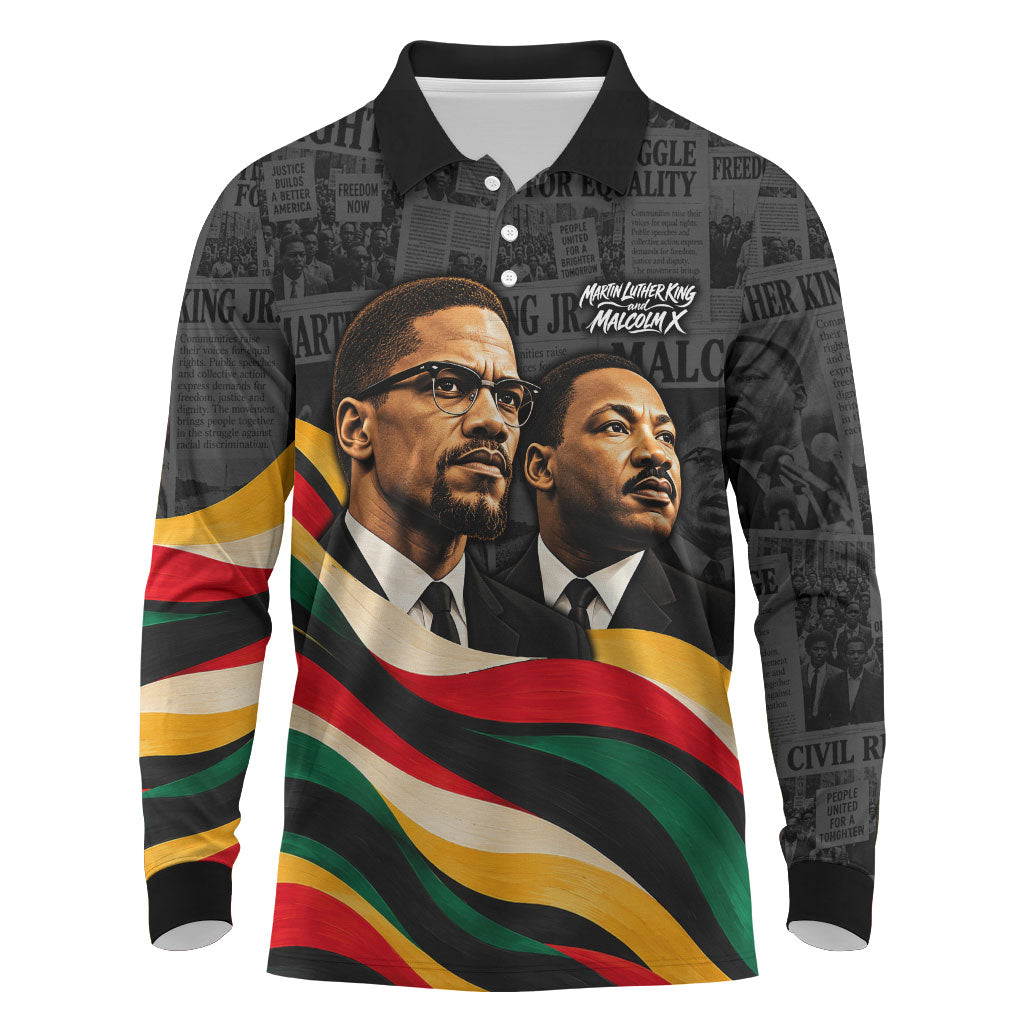 MLK And Malcolm X Civil Rights Long Sleeve Polo Shirt Martin Luther King Jr - Pan African Flag - Vintage Newspaper