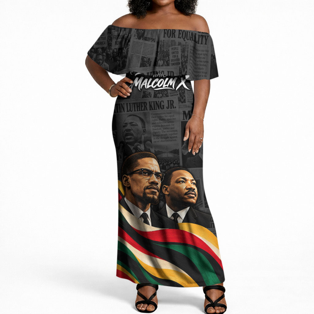 MLK And Malcolm X Civil Rights Off Shoulder Maxi Dress Martin Luther King Jr - Pan African Flag - Vintage Newspaper