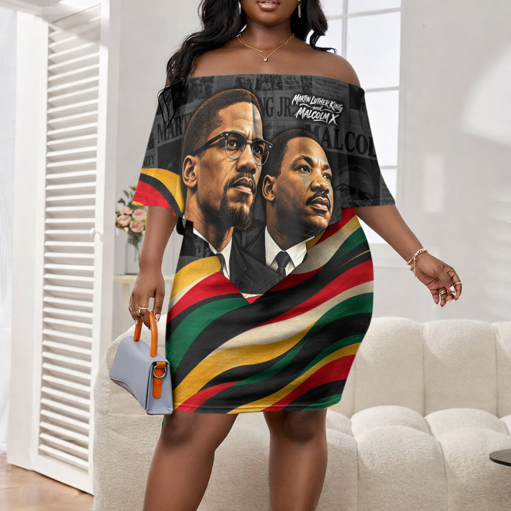 MLK And Malcolm X Civil Rights Off Shoulder Short Dress Martin Luther King Jr - Pan African Flag - Vintage Newspaper