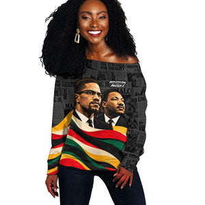 MLK And Malcolm X Civil Rights Off Shoulder Sweater Martin Luther King Jr - Pan African Flag - Vintage Newspaper