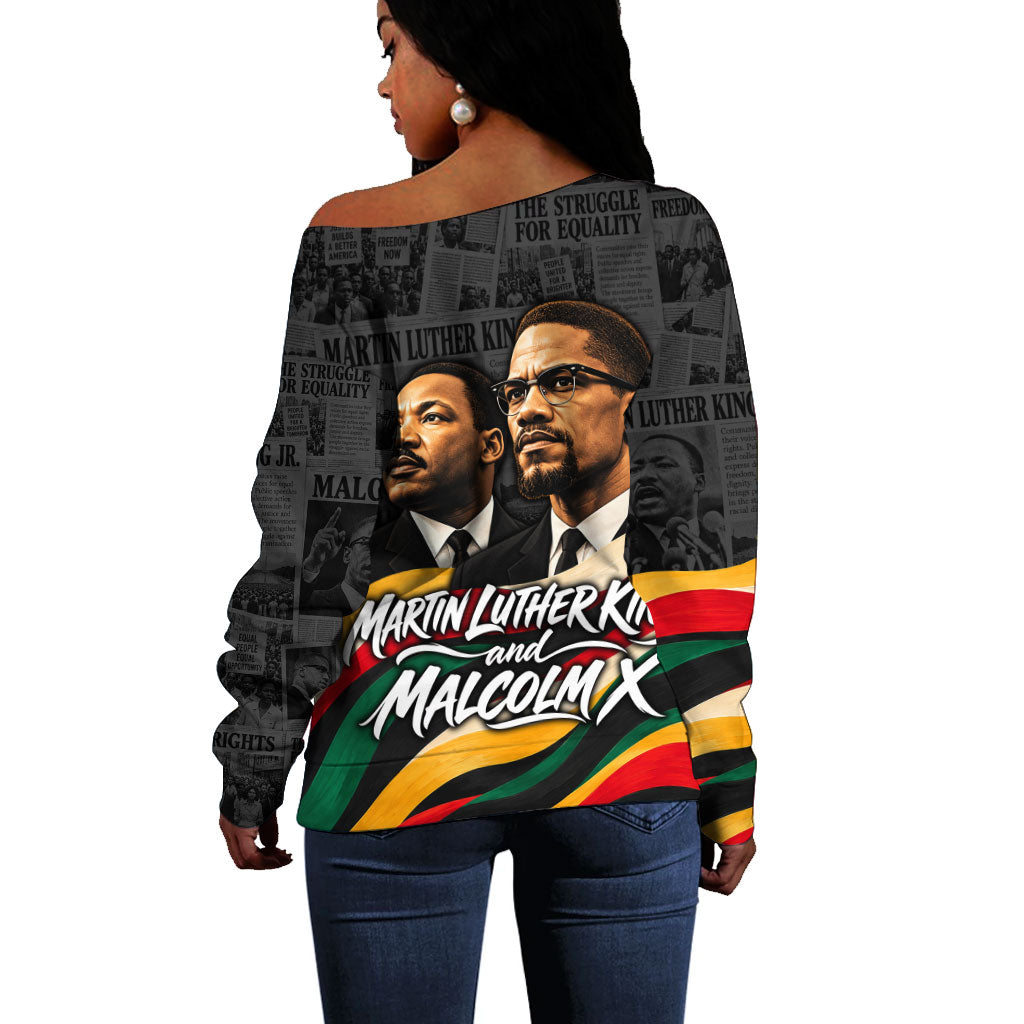 MLK And Malcolm X Civil Rights Off Shoulder Sweater Martin Luther King Jr - Pan African Flag - Vintage Newspaper