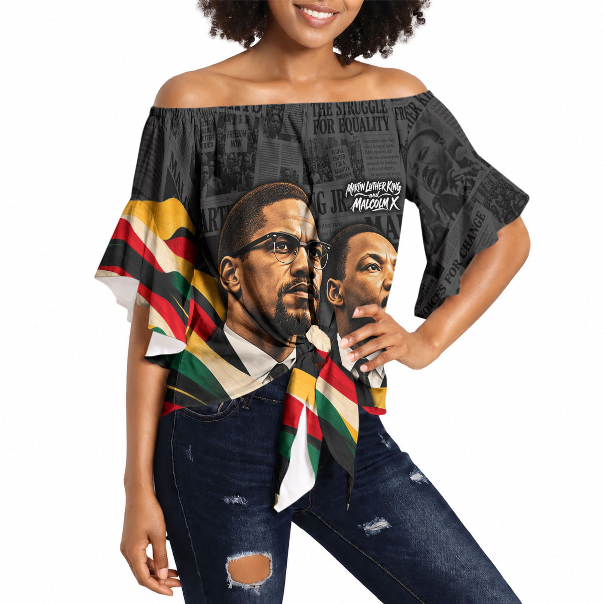 MLK And Malcolm X Civil Rights Off Shoulder Wrap Waist Top Martin Luther King Jr - Pan African Flag - Vintage Newspaper