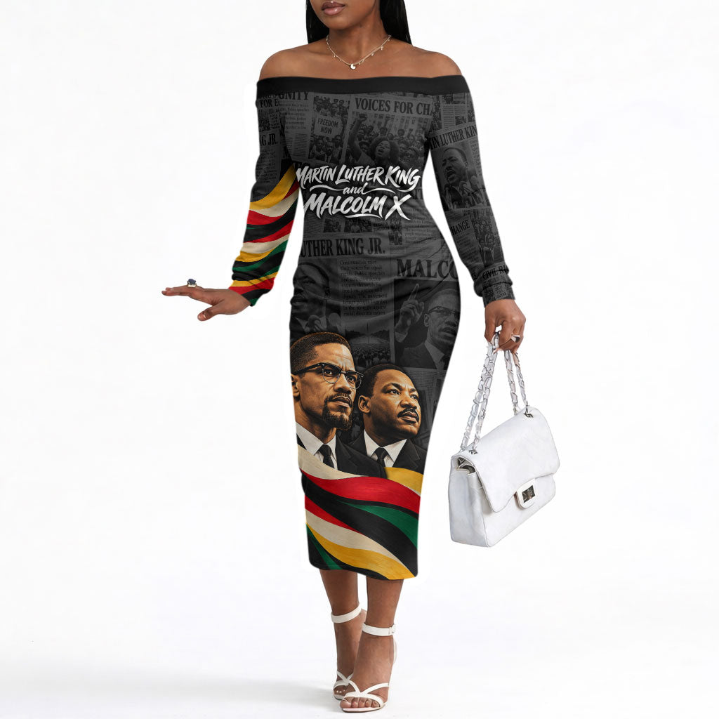 MLK And Malcolm X Civil Rights Off The Shoulder Long Sleeve Dress Martin Luther King Jr - Pan African Flag - Vintage Newspaper
