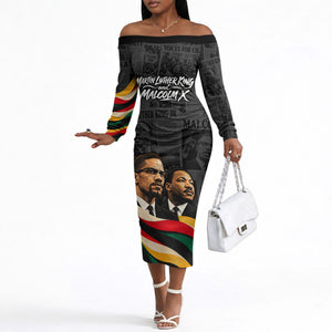 MLK And Malcolm X Civil Rights Off The Shoulder Long Sleeve Dress Martin Luther King Jr - Pan African Flag - Vintage Newspaper