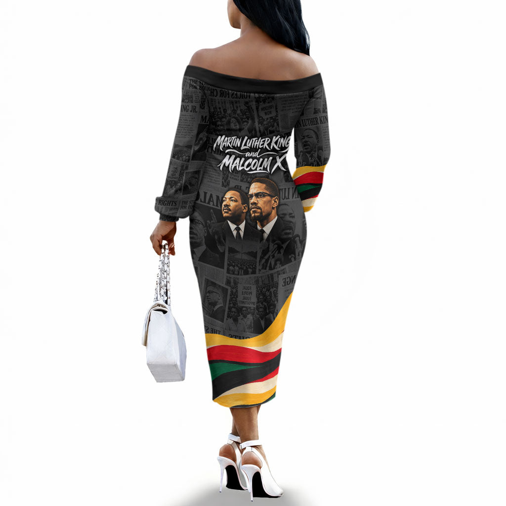 MLK And Malcolm X Civil Rights Off The Shoulder Long Sleeve Dress Martin Luther King Jr - Pan African Flag - Vintage Newspaper
