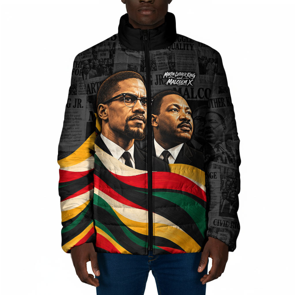 MLK And Malcolm X Civil Rights Padded Jacket Martin Luther King Jr - Pan African Flag - Vintage Newspaper