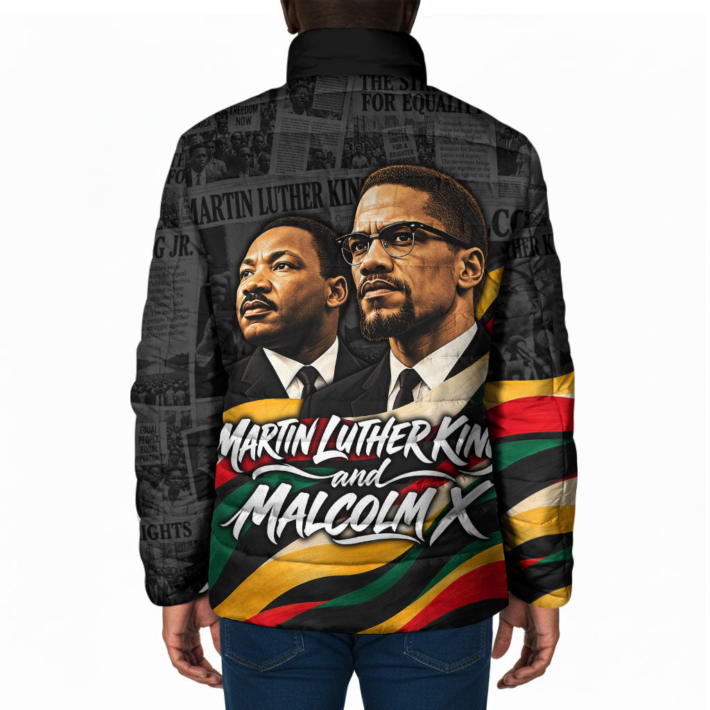 MLK And Malcolm X Civil Rights Padded Jacket Martin Luther King Jr - Pan African Flag - Vintage Newspaper