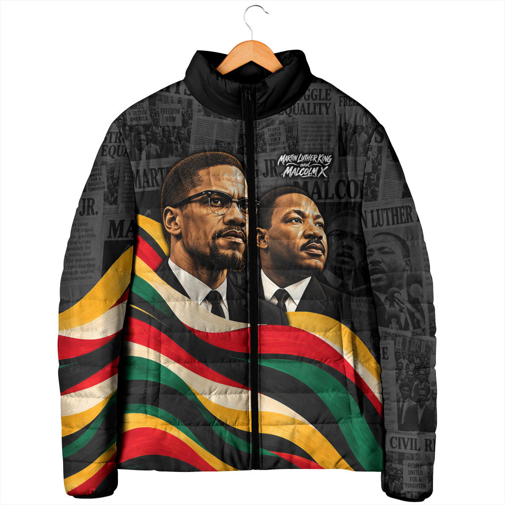 MLK And Malcolm X Civil Rights Padded Jacket Martin Luther King Jr - Pan African Flag - Vintage Newspaper