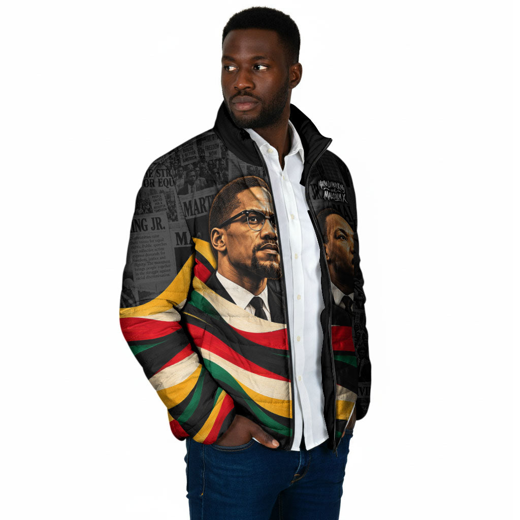 MLK And Malcolm X Civil Rights Padded Jacket Martin Luther King Jr - Pan African Flag - Vintage Newspaper