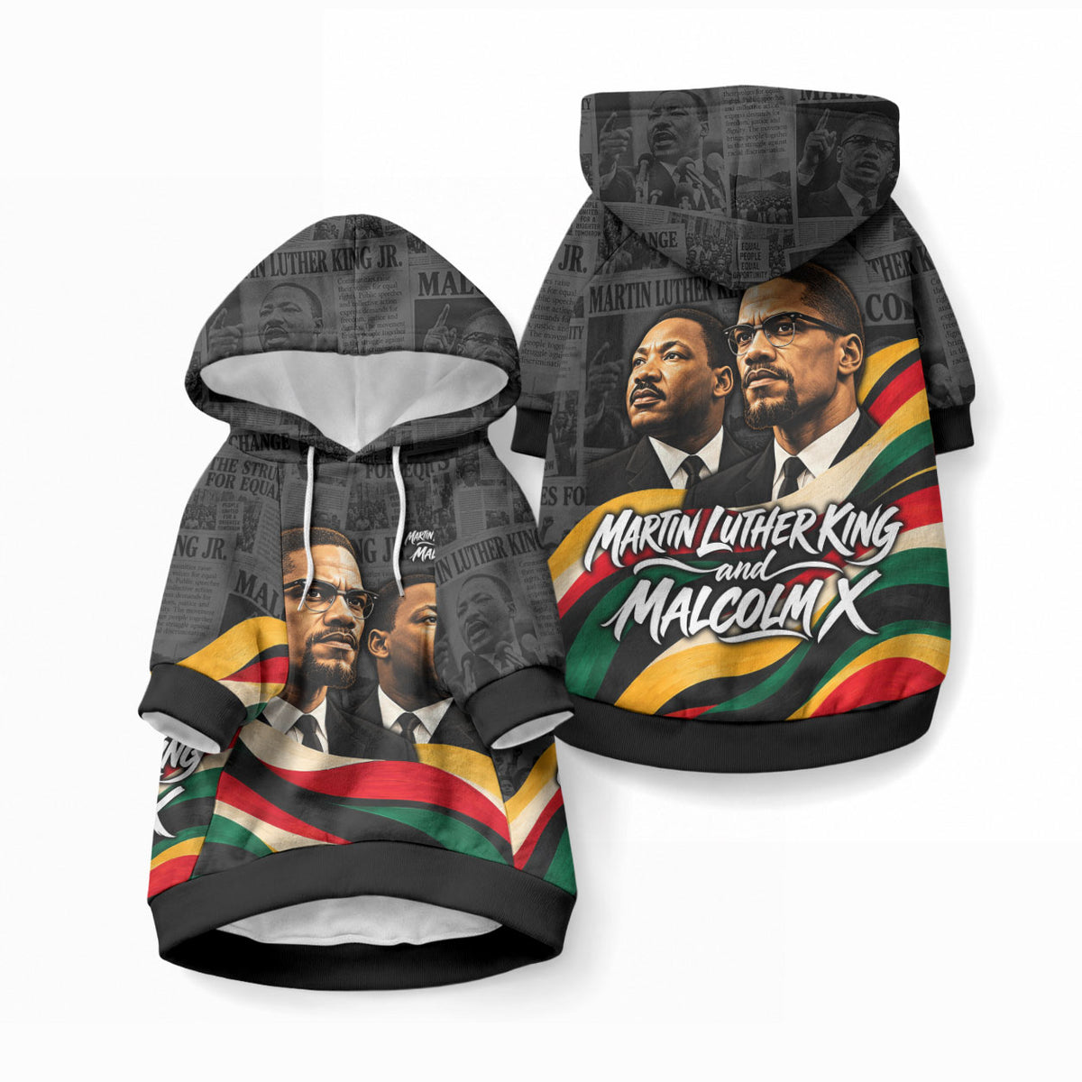 MLK And Malcolm X Civil Rights Pet Hoodie Martin Luther King Jr - Pan African Flag - Vintage Newspaper
