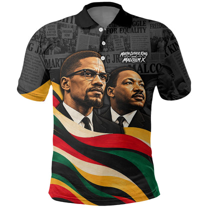 MLK And Malcolm X Civil Rights Polo Shirt Martin Luther King Jr - Pan African Flag - Vintage Newspaper
