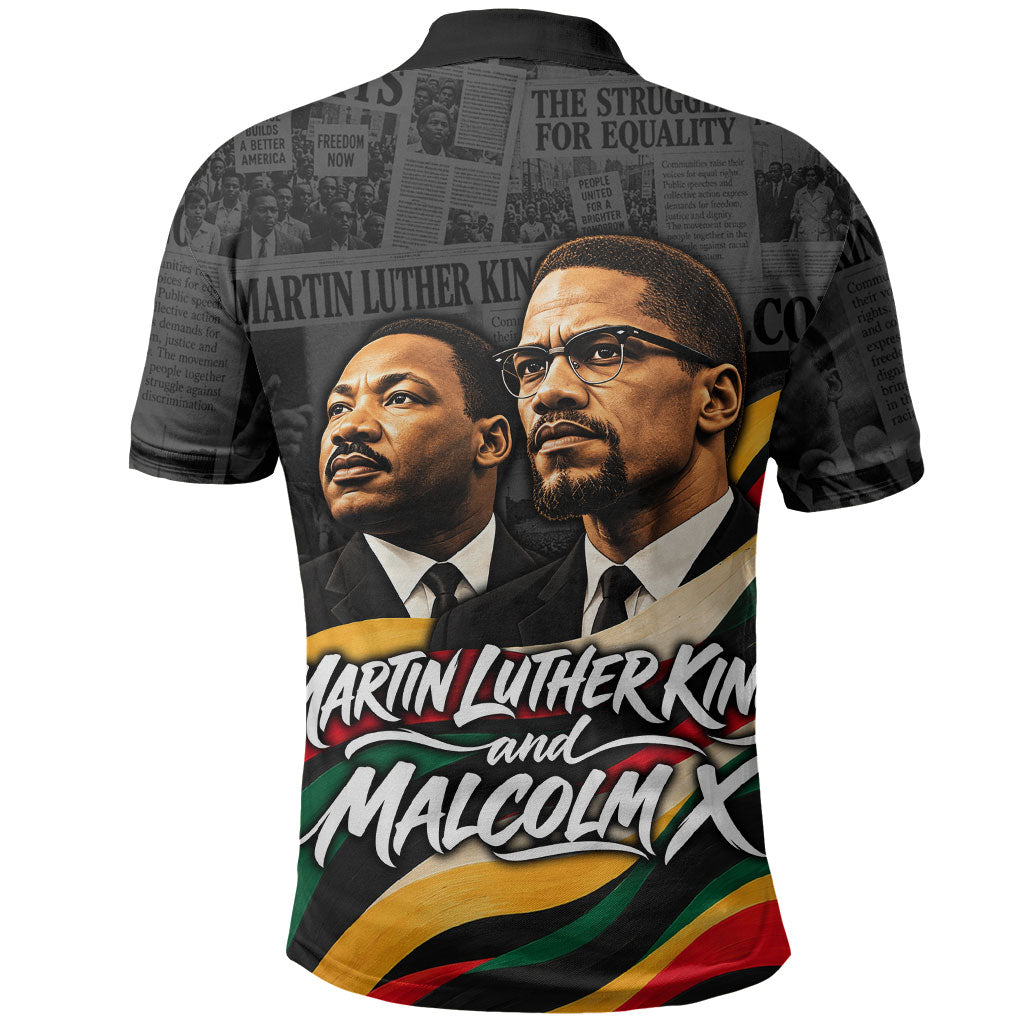 MLK And Malcolm X Civil Rights Polo Shirt Martin Luther King Jr - Pan African Flag - Vintage Newspaper