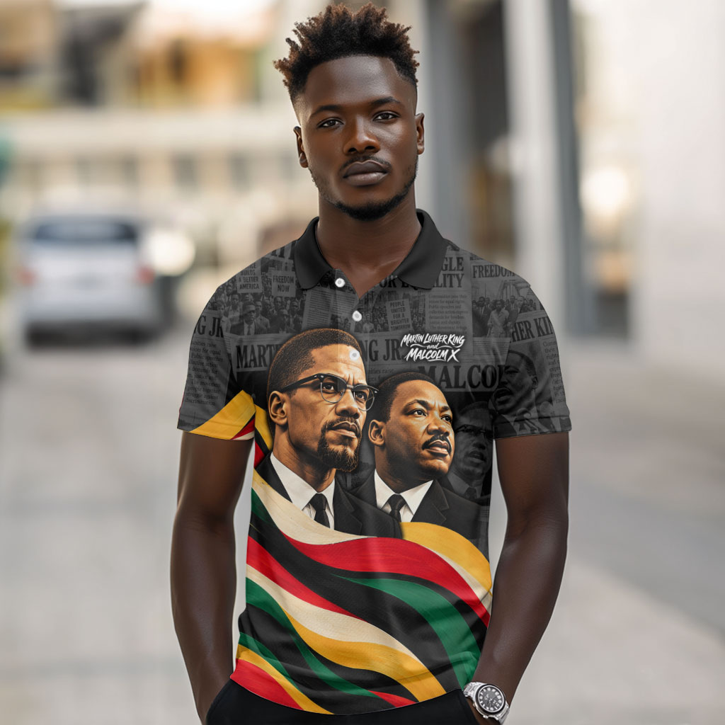 MLK And Malcolm X Civil Rights Polo Shirt Martin Luther King Jr - Pan African Flag - Vintage Newspaper