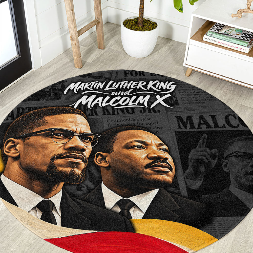 MLK And Malcolm X Civil Rights Round Carpet Martin Luther King Jr - Pan African Flag - Vintage Newspaper