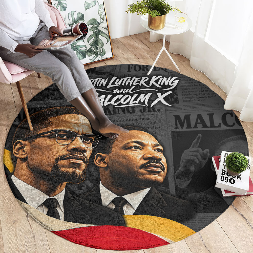 MLK And Malcolm X Civil Rights Round Carpet Martin Luther King Jr - Pan African Flag - Vintage Newspaper