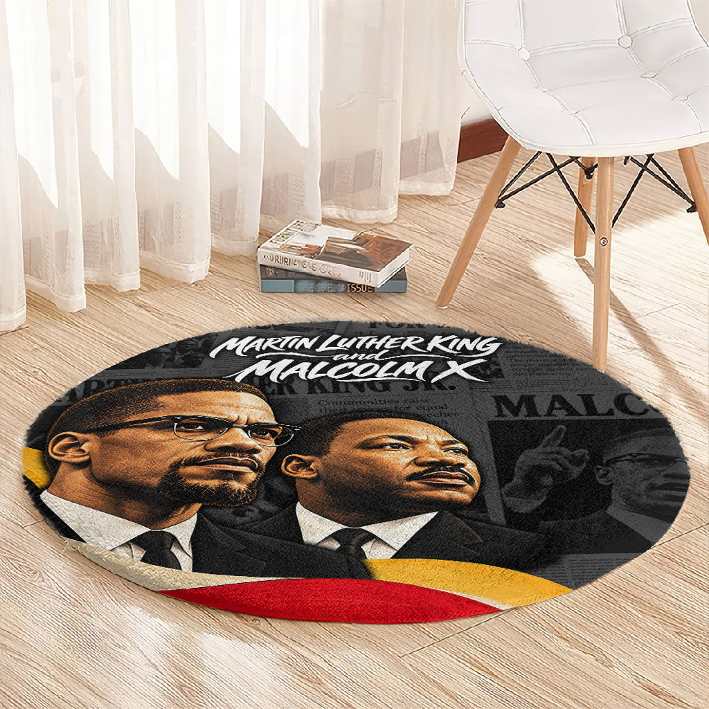 MLK And Malcolm X Civil Rights Round Carpet Martin Luther King Jr - Pan African Flag - Vintage Newspaper