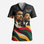 MLK And Malcolm X Civil Rights Scrub Top Martin Luther King Jr - Pan African Flag - Vintage Newspaper