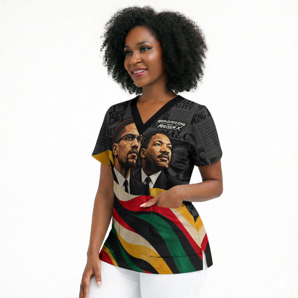 MLK And Malcolm X Civil Rights Scrub Top Martin Luther King Jr - Pan African Flag - Vintage Newspaper
