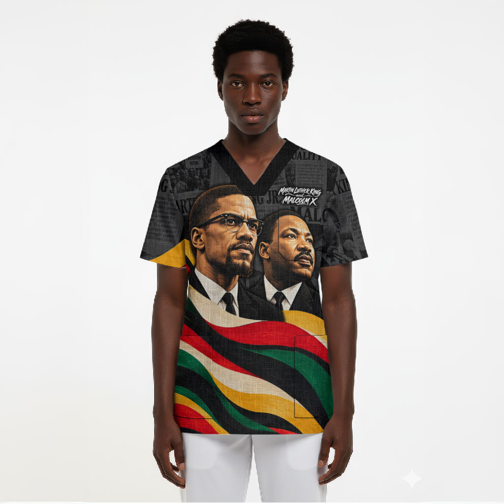 MLK And Malcolm X Civil Rights Scrub Top Martin Luther King Jr - Pan African Flag - Vintage Newspaper