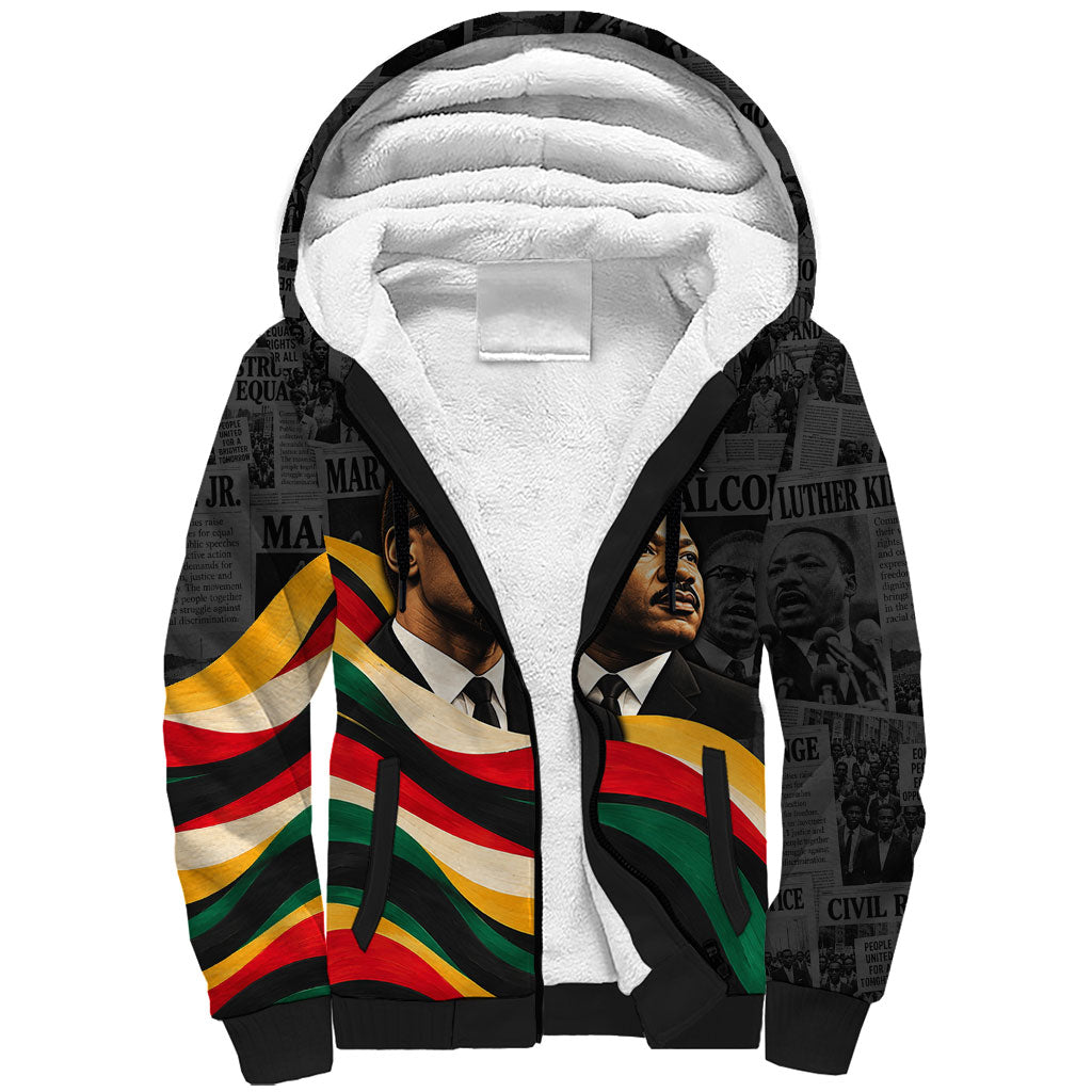 MLK And Malcolm X Civil Rights Sherpa Hoodie Martin Luther King Jr - Pan African Flag - Vintage Newspaper
