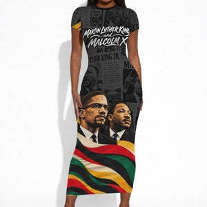 MLK And Malcolm X Civil Rights Short Sleeve Bodycon Dress Martin Luther King Jr - Pan African Flag - Vintage Newspaper