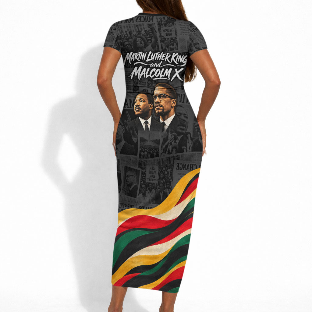 MLK And Malcolm X Civil Rights Short Sleeve Bodycon Dress Martin Luther King Jr - Pan African Flag - Vintage Newspaper