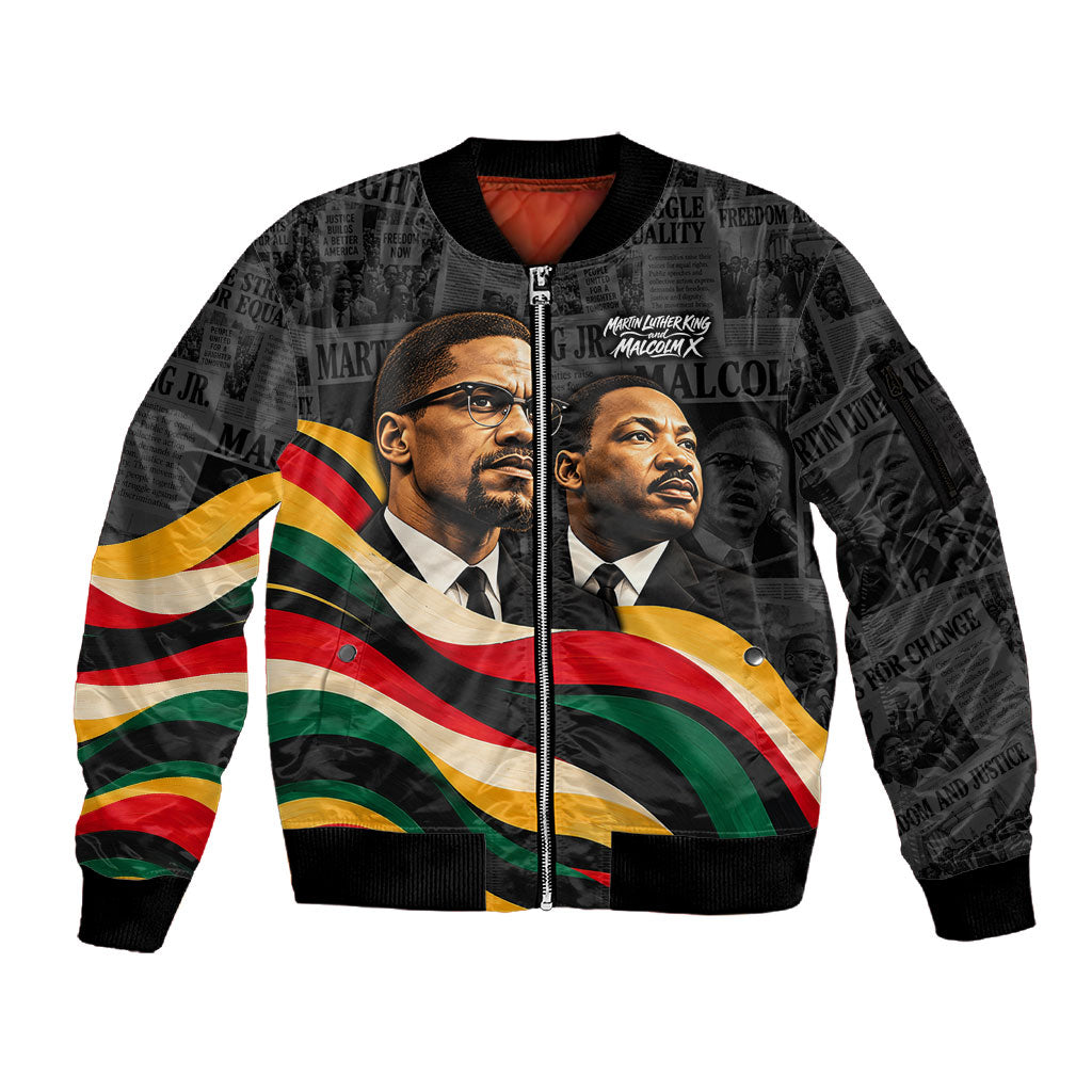 MLK And Malcolm X Civil Rights Sleeve Zip Bomber Jacket Martin Luther King Jr - Pan African Flag - Vintage Newspaper