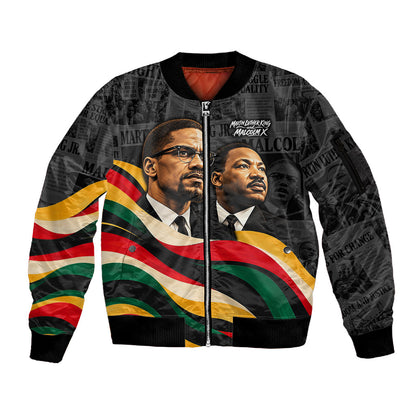 MLK And Malcolm X Civil Rights Sleeve Zip Bomber Jacket Martin Luther King Jr - Pan African Flag - Vintage Newspaper