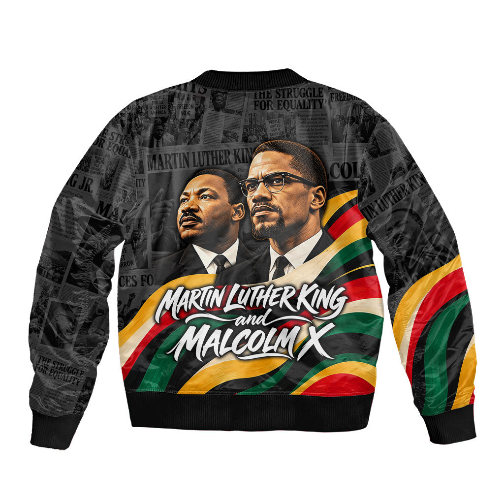 MLK And Malcolm X Civil Rights Sleeve Zip Bomber Jacket Martin Luther King Jr - Pan African Flag - Vintage Newspaper