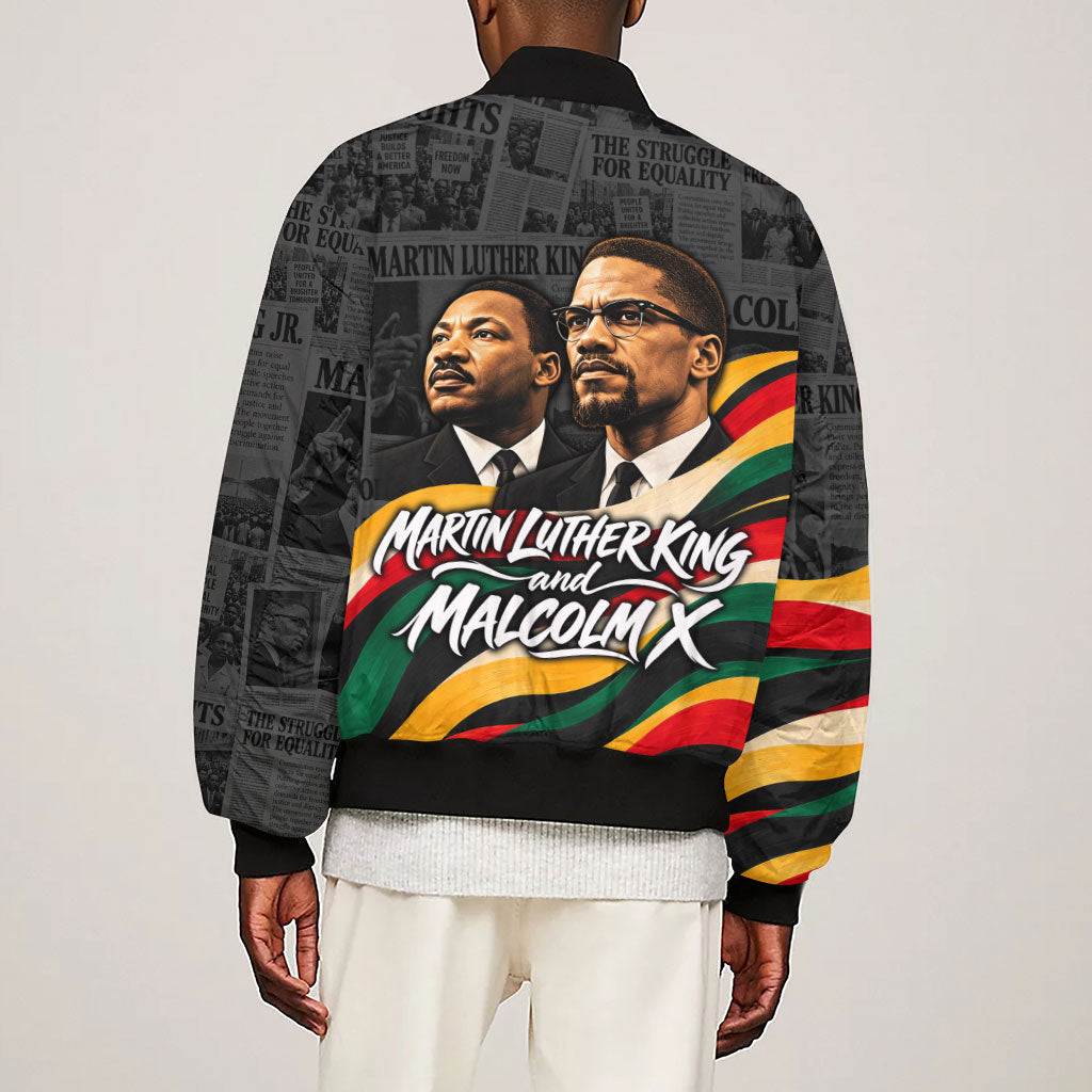 MLK And Malcolm X Civil Rights Sleeve Zip Bomber Jacket Martin Luther King Jr - Pan African Flag - Vintage Newspaper