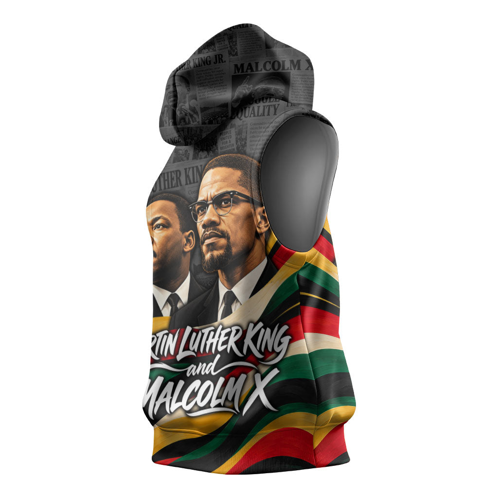 MLK And Malcolm X Civil Rights Sleeveless Hoodie Martin Luther King Jr - Pan African Flag - Vintage Newspaper