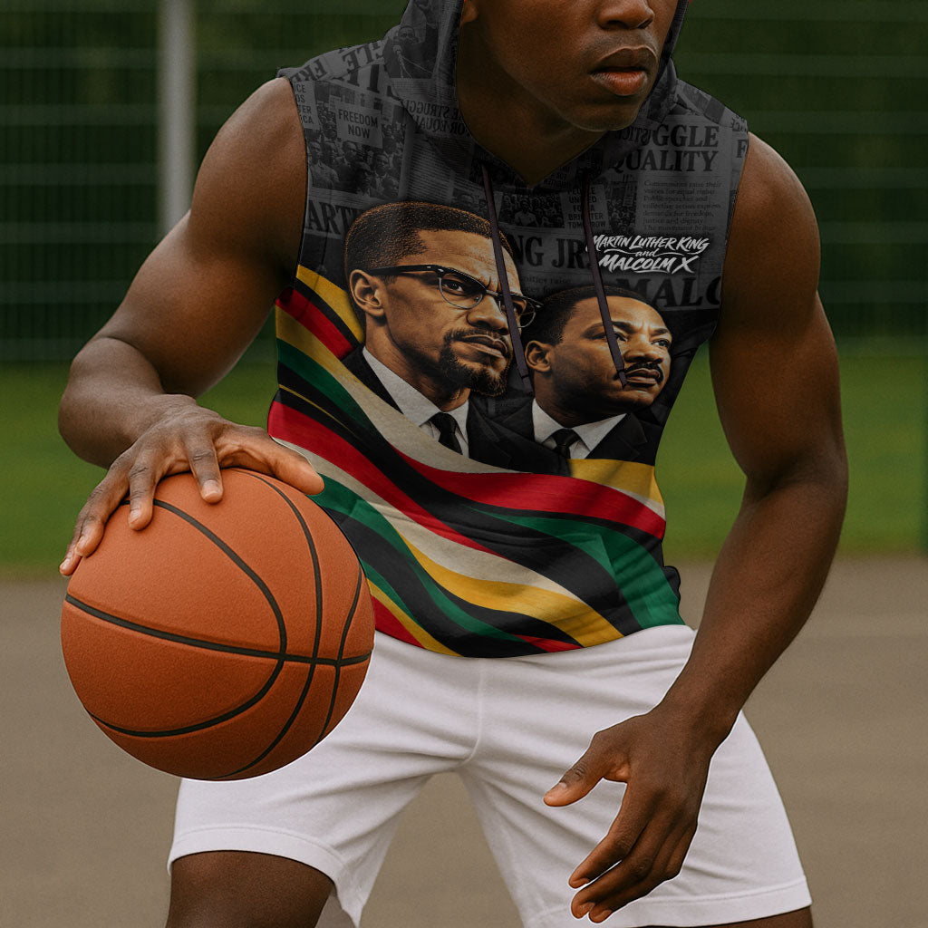 MLK And Malcolm X Civil Rights Sleeveless Hoodie Martin Luther King Jr - Pan African Flag - Vintage Newspaper