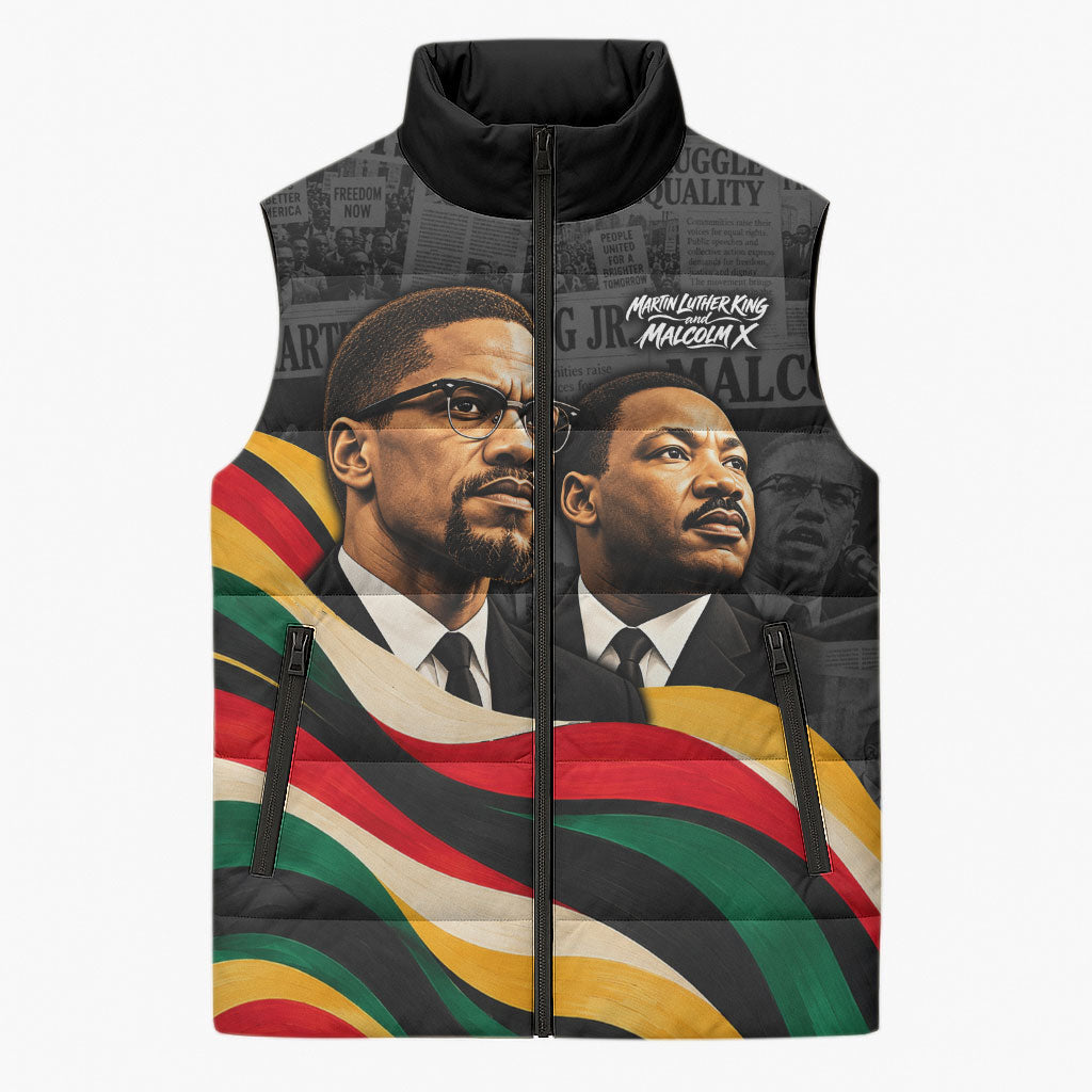 MLK And Malcolm X Civil Rights Sleeveless Puffer Jacket Martin Luther King Jr - Pan African Flag - Vintage Newspaper